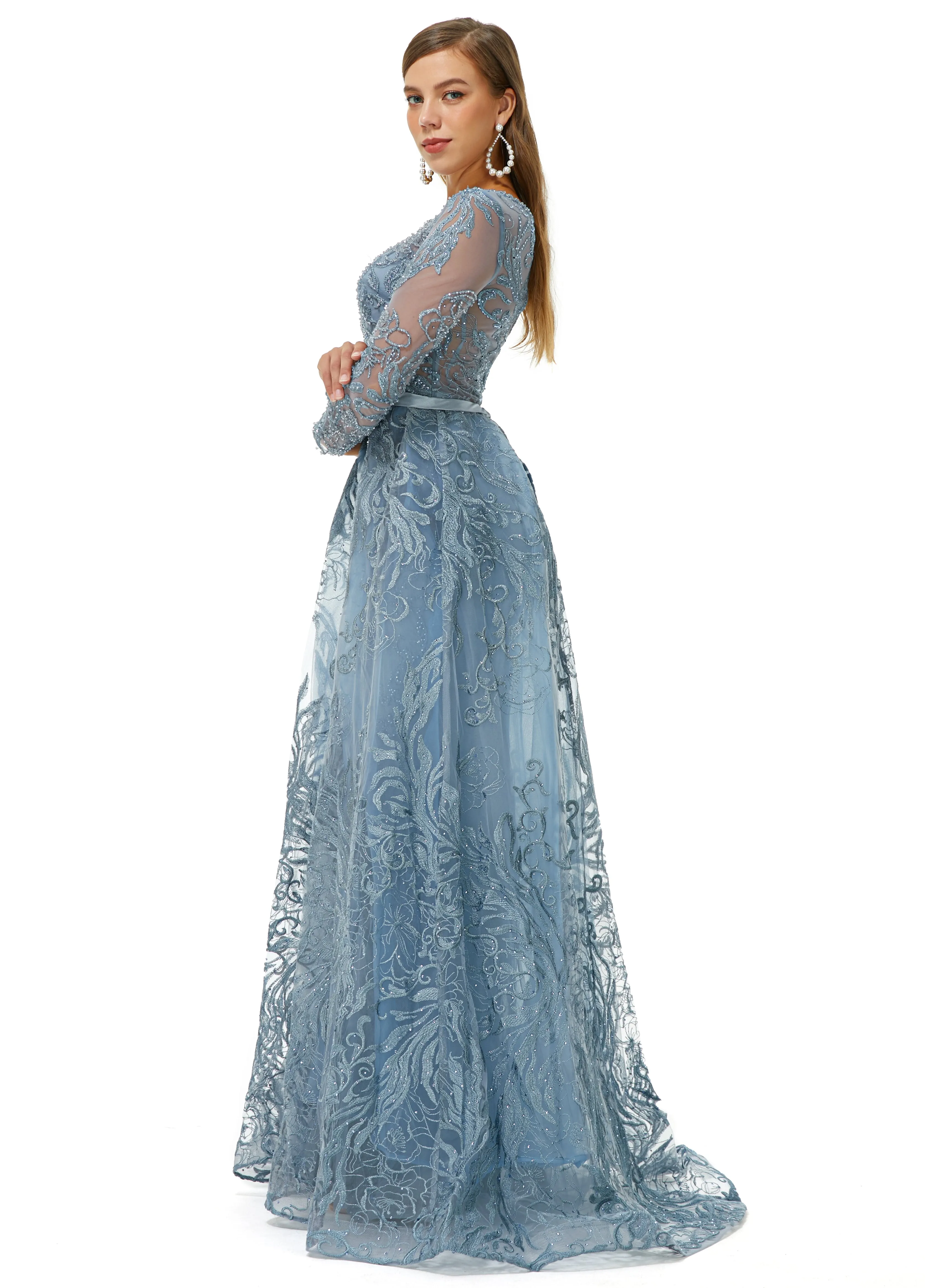 Ballbella Design | Sparkle Beaded Mermaid Long sleeves Prom Dresses with Overskirt