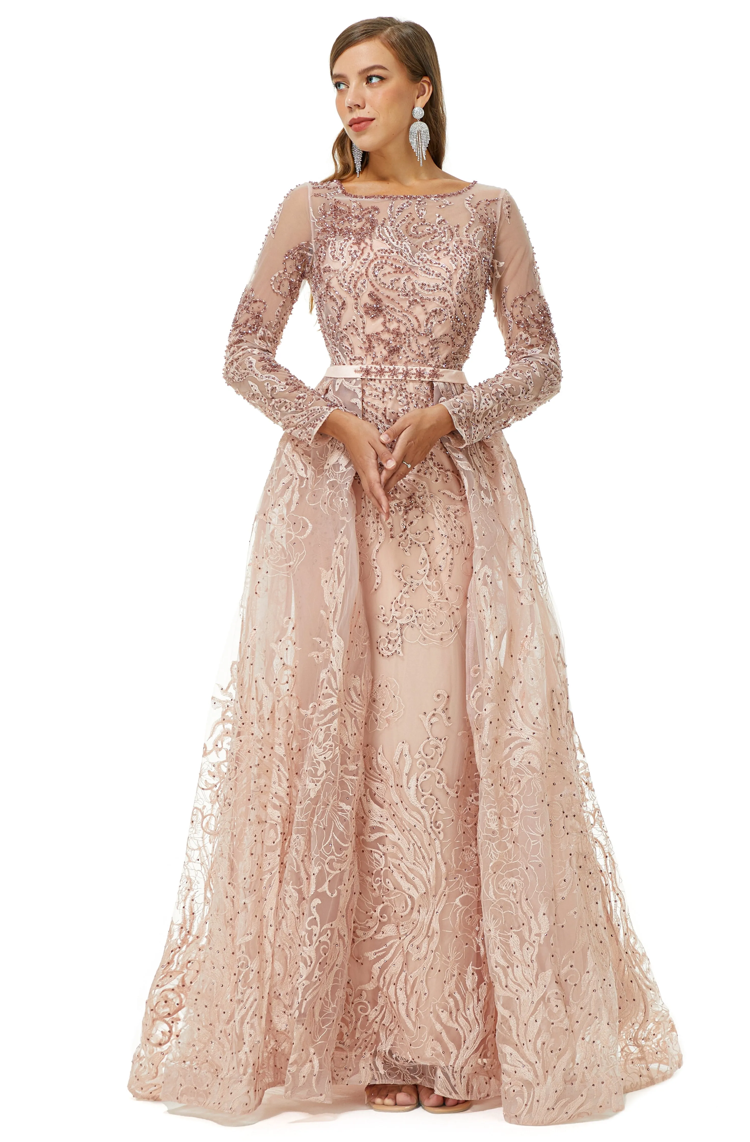 Ballbella Design | Sparkle Beaded Mermaid Long sleeves Prom Dresses with Overskirt