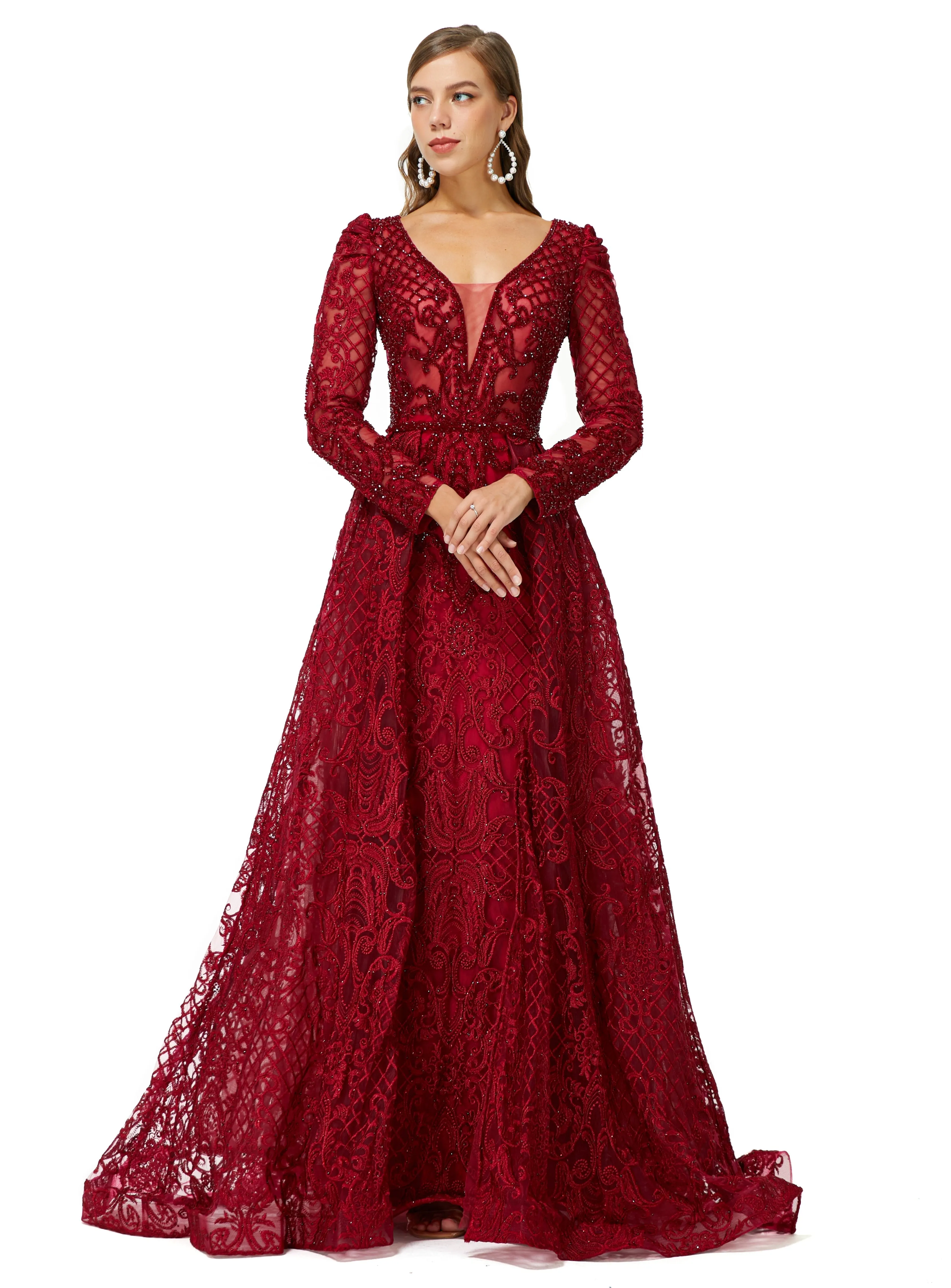 Ballbella Design | Sparkle Beaded Wine Red Long Sleeves Prom Dresses