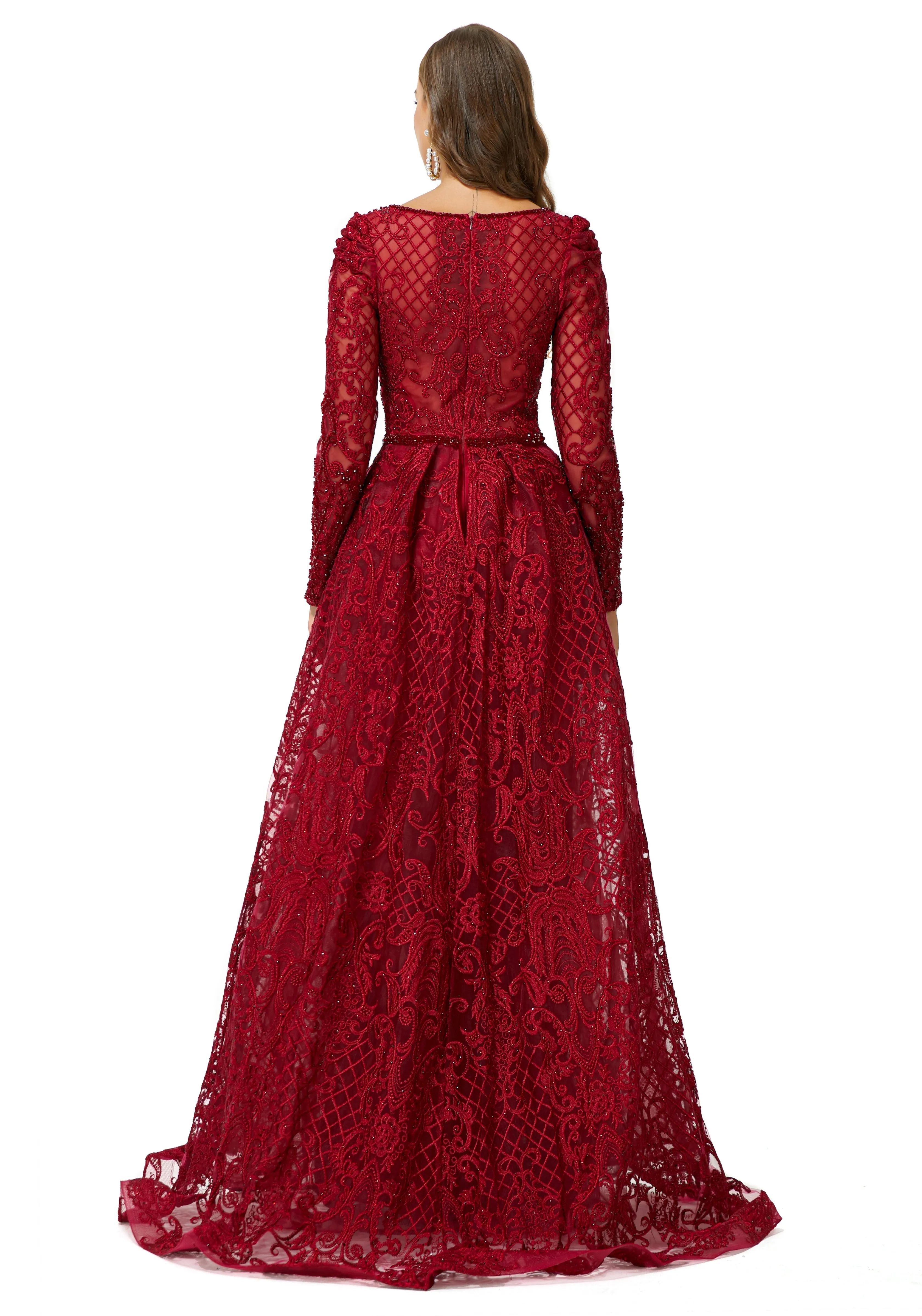 Ballbella Design | Sparkle Beaded Wine Red Long Sleeves Prom Dresses