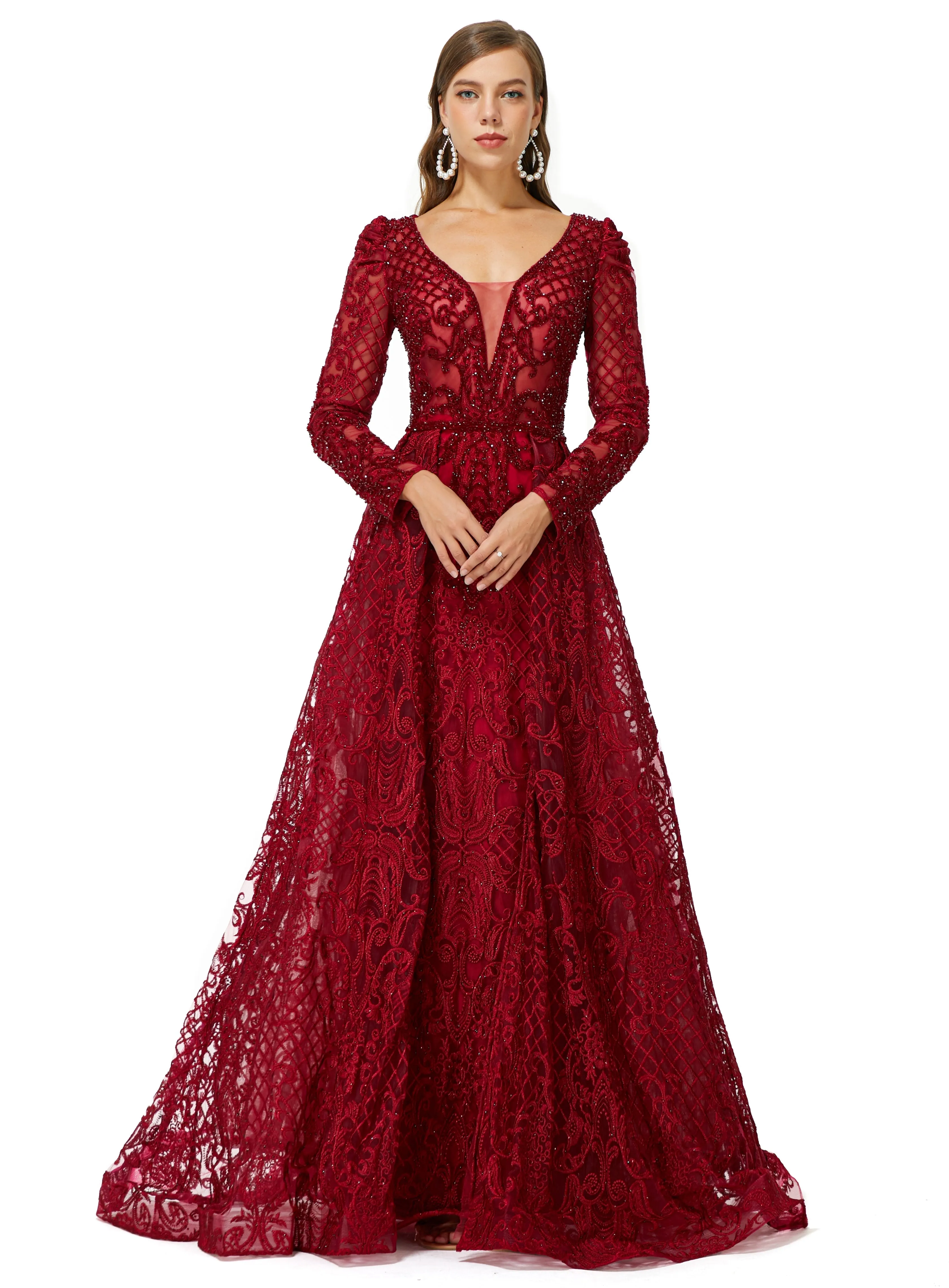 Ballbella Design | Sparkle Beaded Wine Red Long Sleeves Prom Dresses