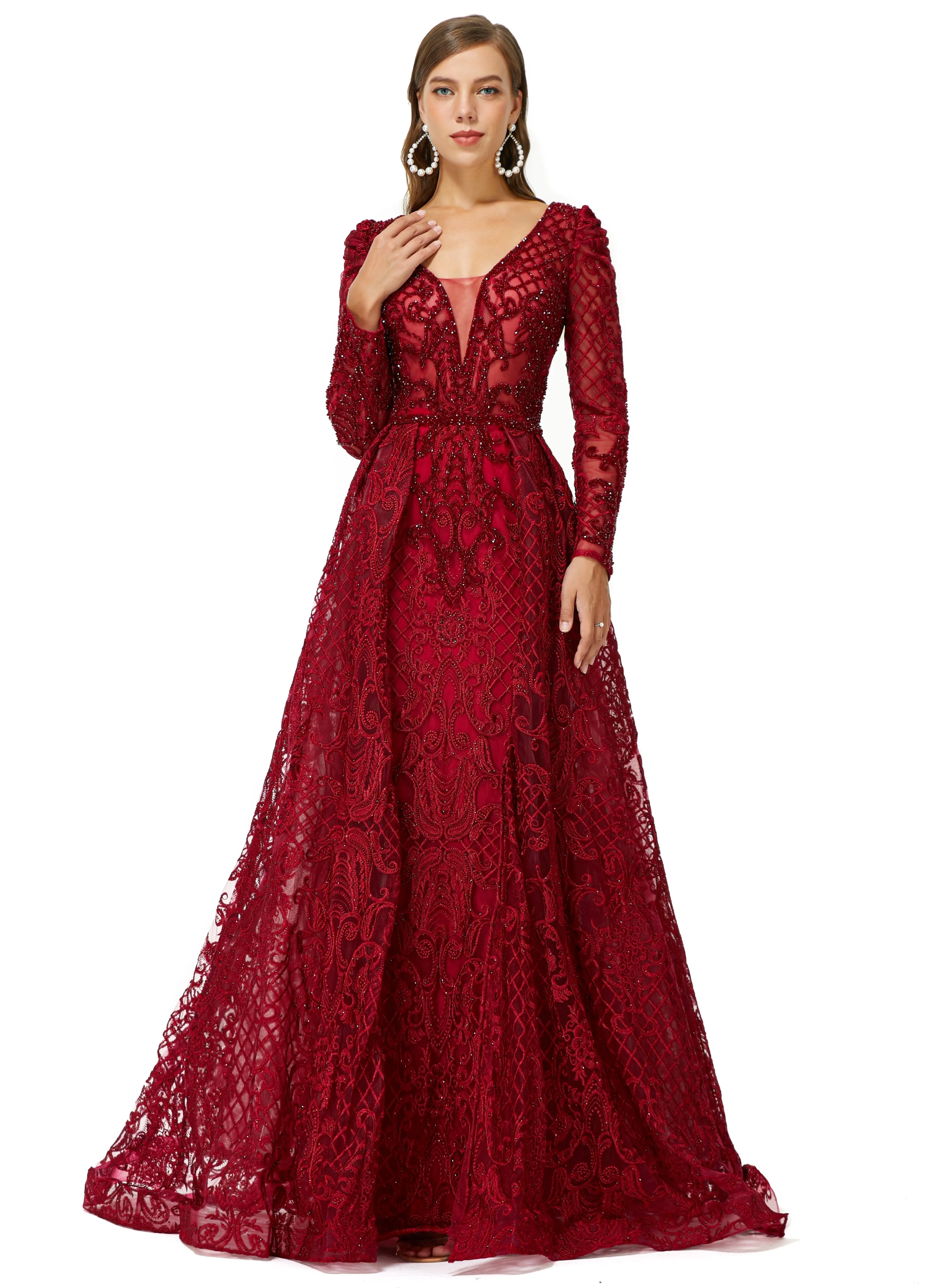 Ballbella Design | Sparkle Beaded Wine Red Long Sleeves Prom Dresses