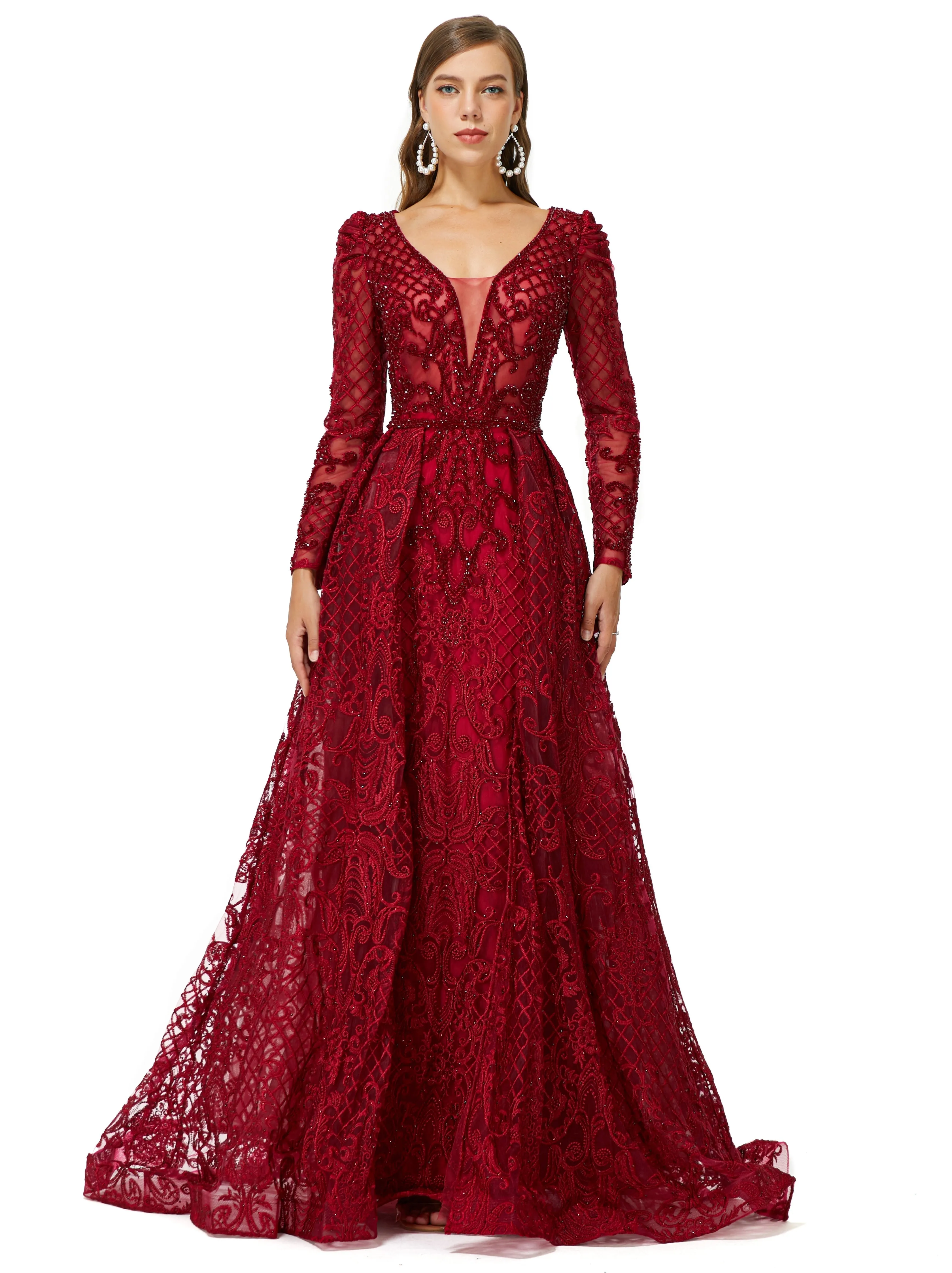 Ballbella Design | Sparkle Beaded Wine Red Long Sleeves Prom Dresses