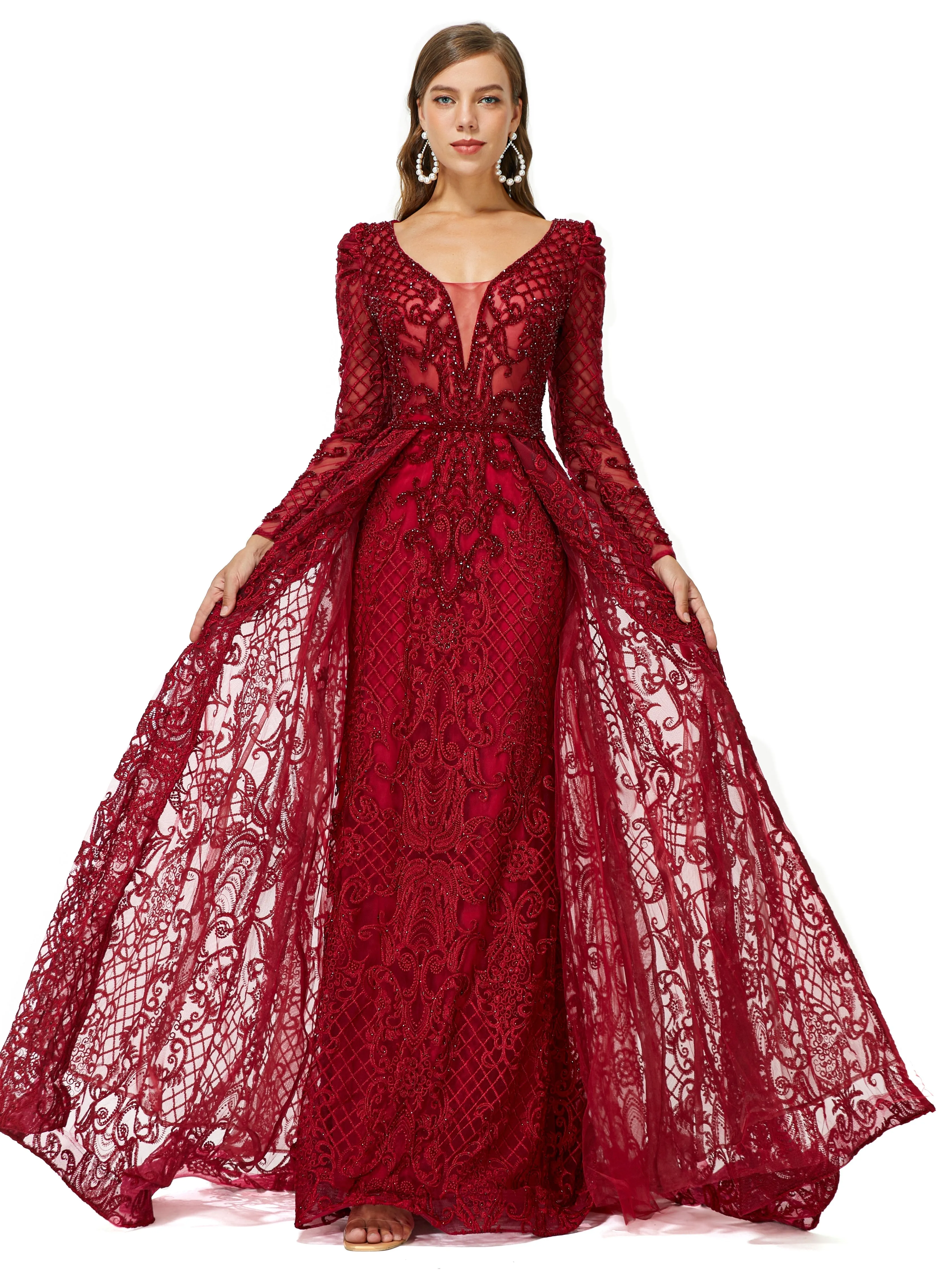 Ballbella Design | Sparkle Beaded Wine Red Long Sleeves Prom Dresses