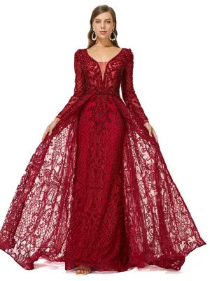 Ballbella Design | Sparkle Beaded Wine Red Long Sleeves Prom Dresses