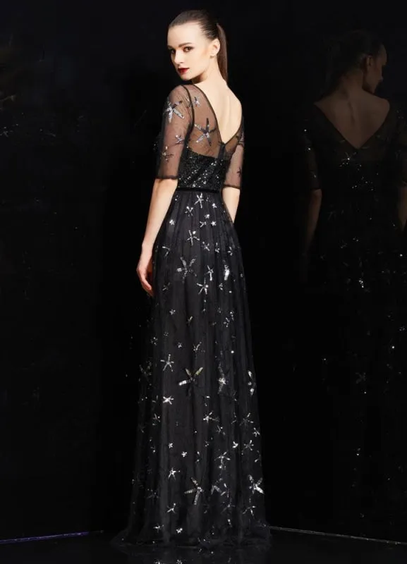 Bateau Neck Illusion Sweetheart Sequin Star Half Sleeves Tulle Prom Dress