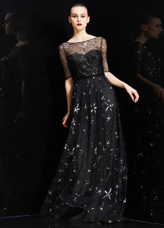 Bateau Neck Illusion Sweetheart Sequin Star Half Sleeves Tulle Prom Dress