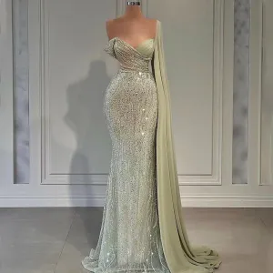 Beaded One Shoulder Mint Mermaid Luxury Evening Dresses Gowns Elegant
