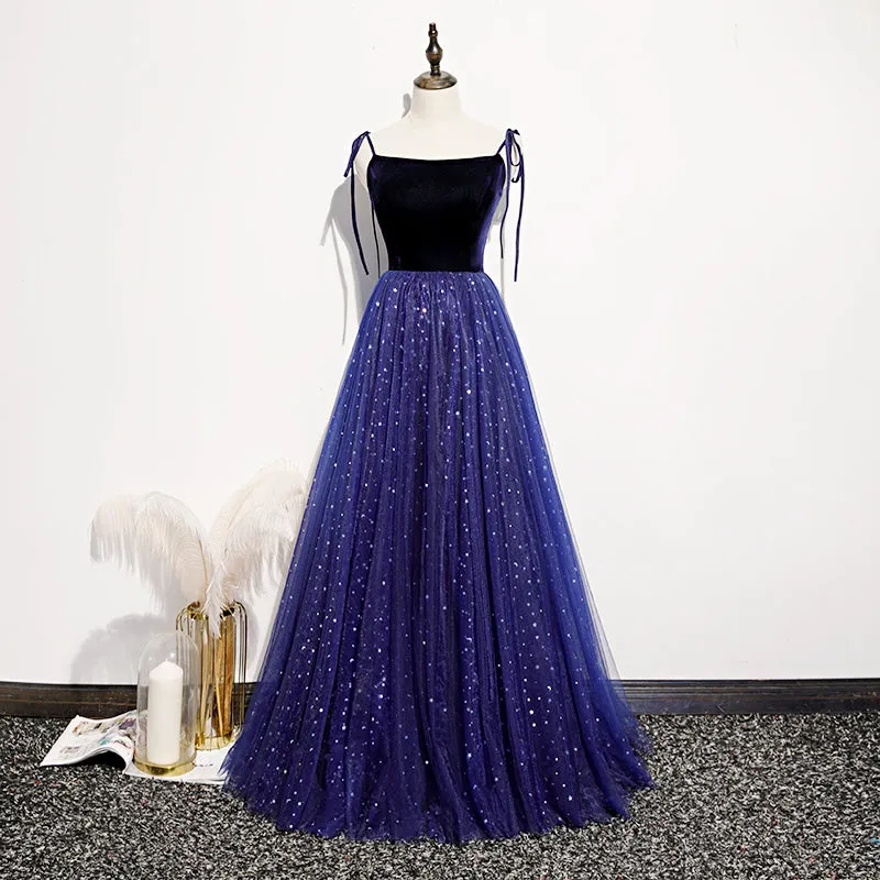 Beautiful Blue Velvet Straps Tulle Long Formal Dress, Blue Bridesmaid Dress Evening Dresses