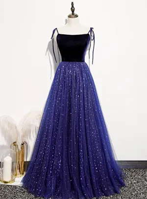 Beautiful Blue Velvet Straps Tulle Long Formal Dress, Blue Bridesmaid Dress Evening Dresses