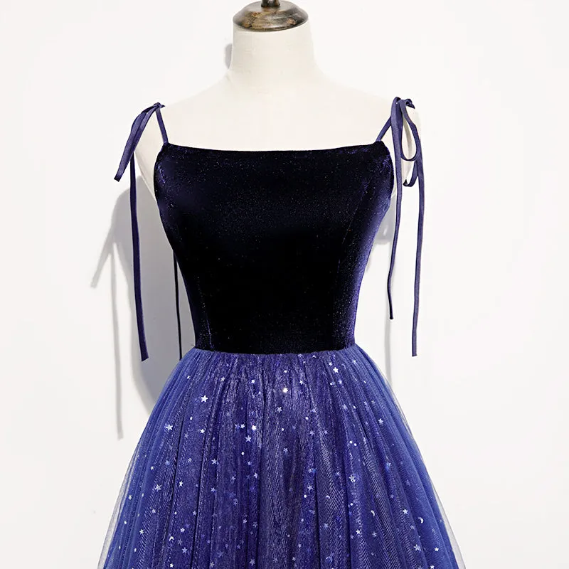 Beautiful Blue Velvet Straps Tulle Long Formal Dress, Blue Bridesmaid Dress Evening Dresses
