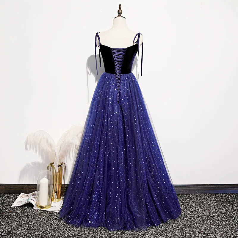 Beautiful Blue Velvet Straps Tulle Long Formal Dress, Blue Bridesmaid Dress Evening Dresses