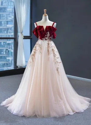 Beautiful Straps Long Tulle with Velvet Prom Dress, A-line Formal Dress Evening Dress