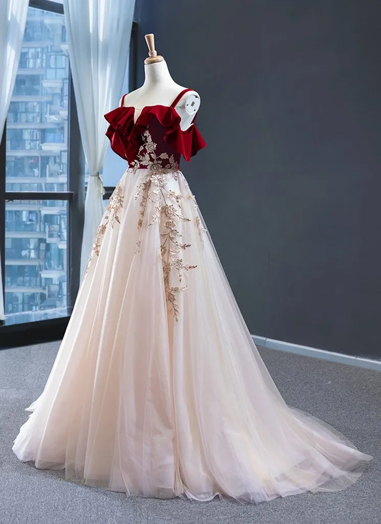 Beautiful Straps Long Tulle with Velvet Prom Dress, A-line Formal Dress Evening Dress