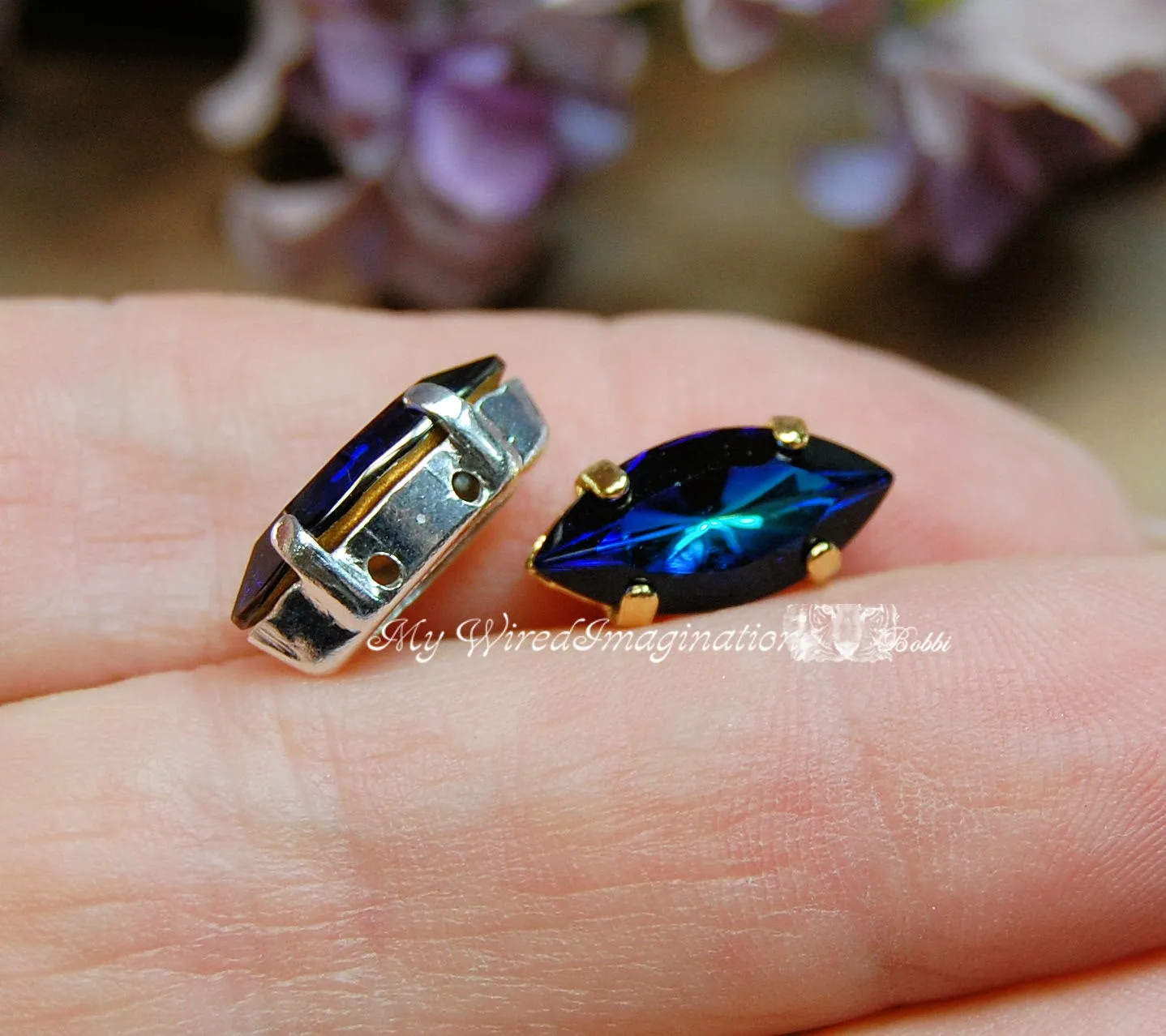 Bermuda Blue, Vintage Swarovski, 2 Pieces 15x7mm Navette With Setting