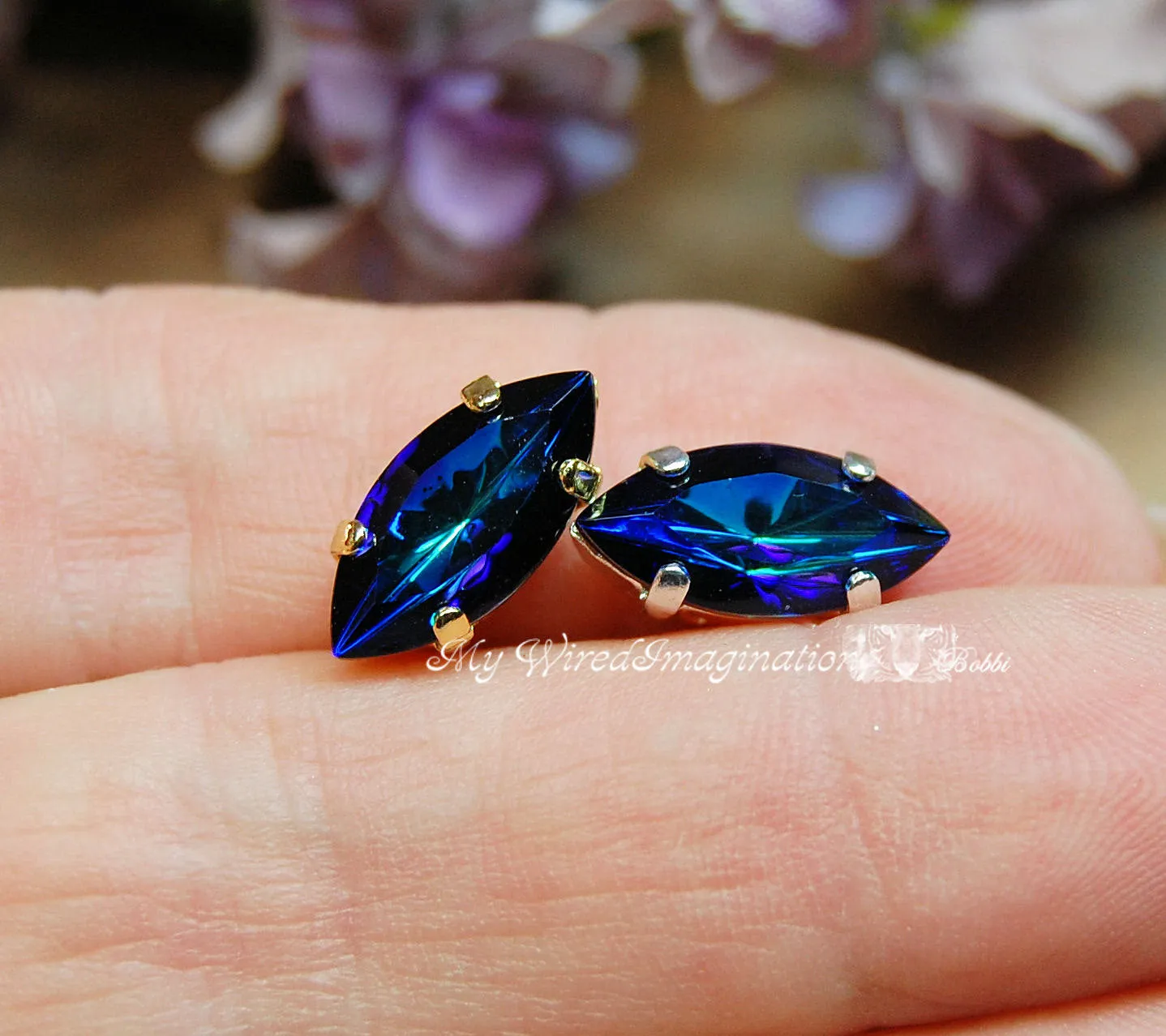 Bermuda Blue, Vintage Swarovski, 2 Pieces 15x7mm Navette With Setting