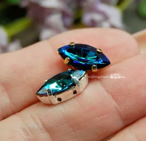 Bermuda Blue, Vintage Swarovski, 2 Pieces 15x7mm Navette With Setting