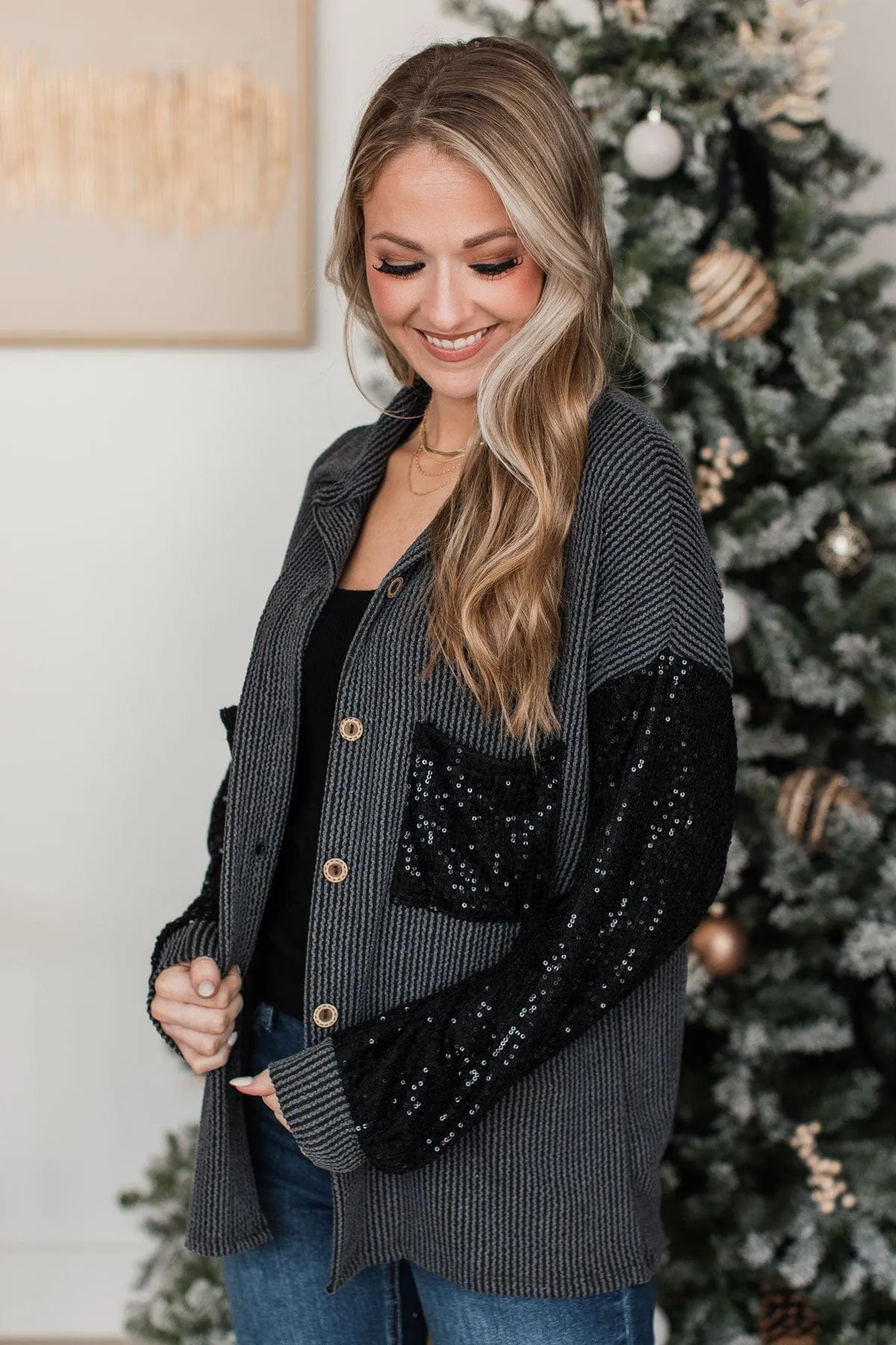 Bid You Farewell Ribbed Button Top- Charcoal