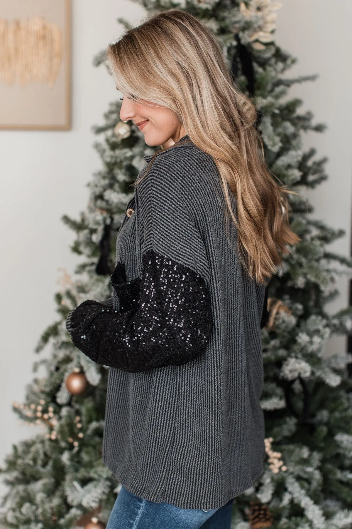 Bid You Farewell Ribbed Button Top- Charcoal