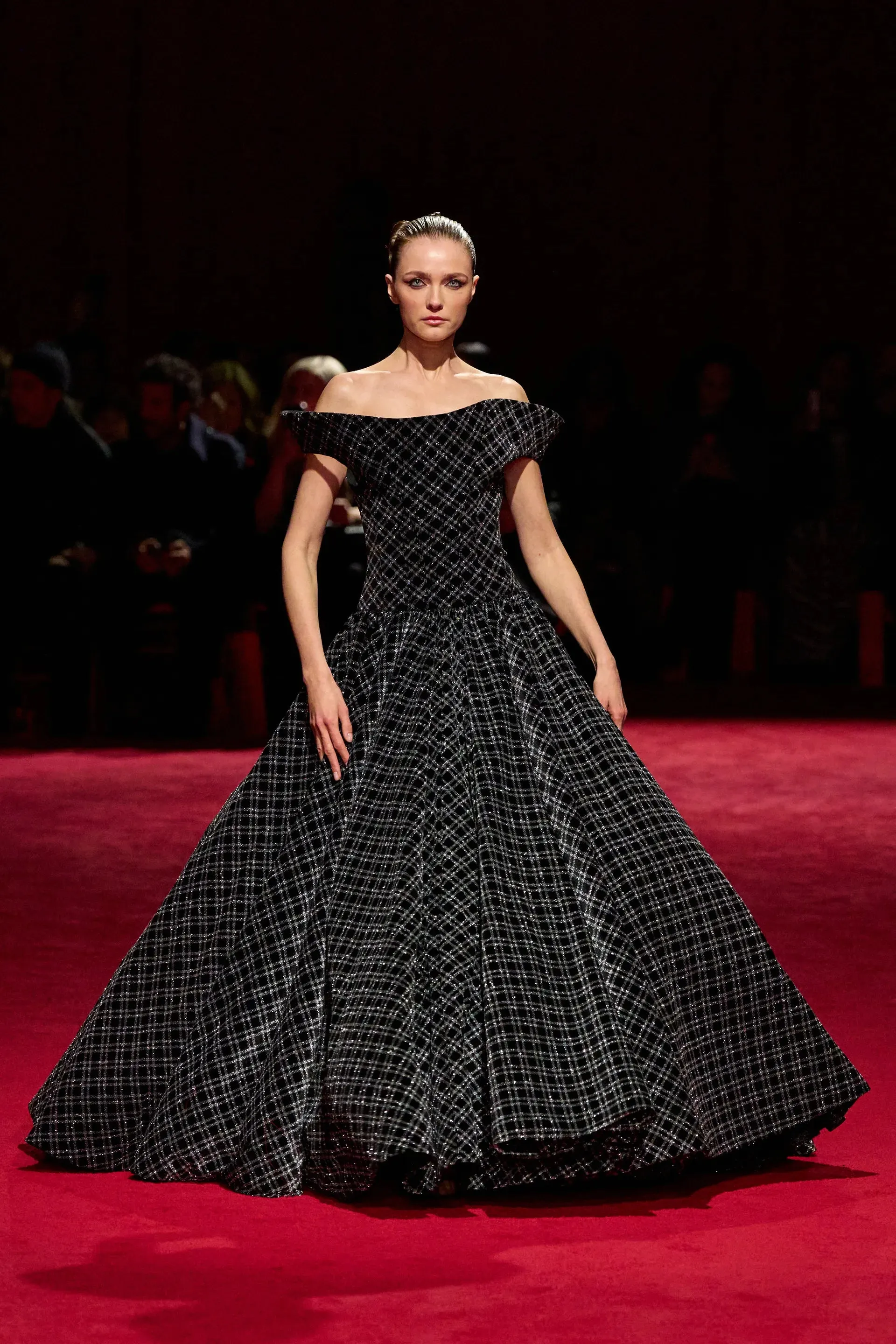 Black and Silver Sparkle Velvet Plaid Off the Shoulder Ball Gown