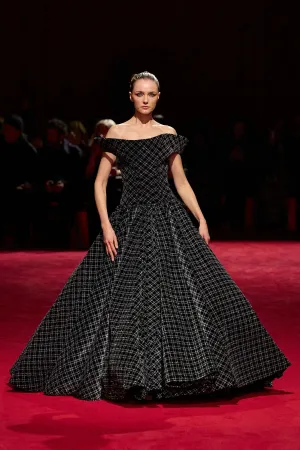 Black and Silver Sparkle Velvet Plaid Off the Shoulder Ball Gown