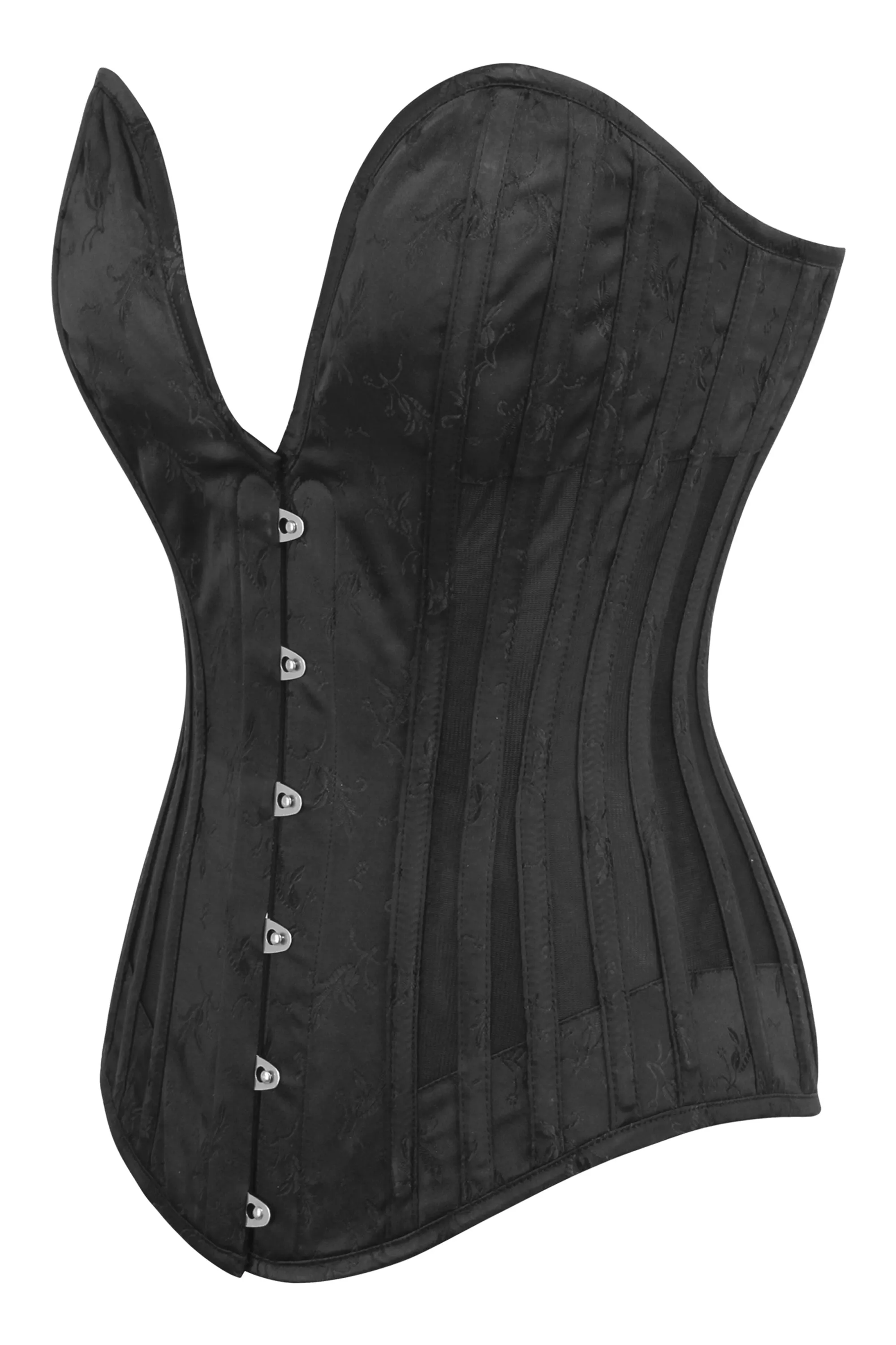 Black Brocade Overbust Corset with Plunge Neckline and Side Mesh Panels