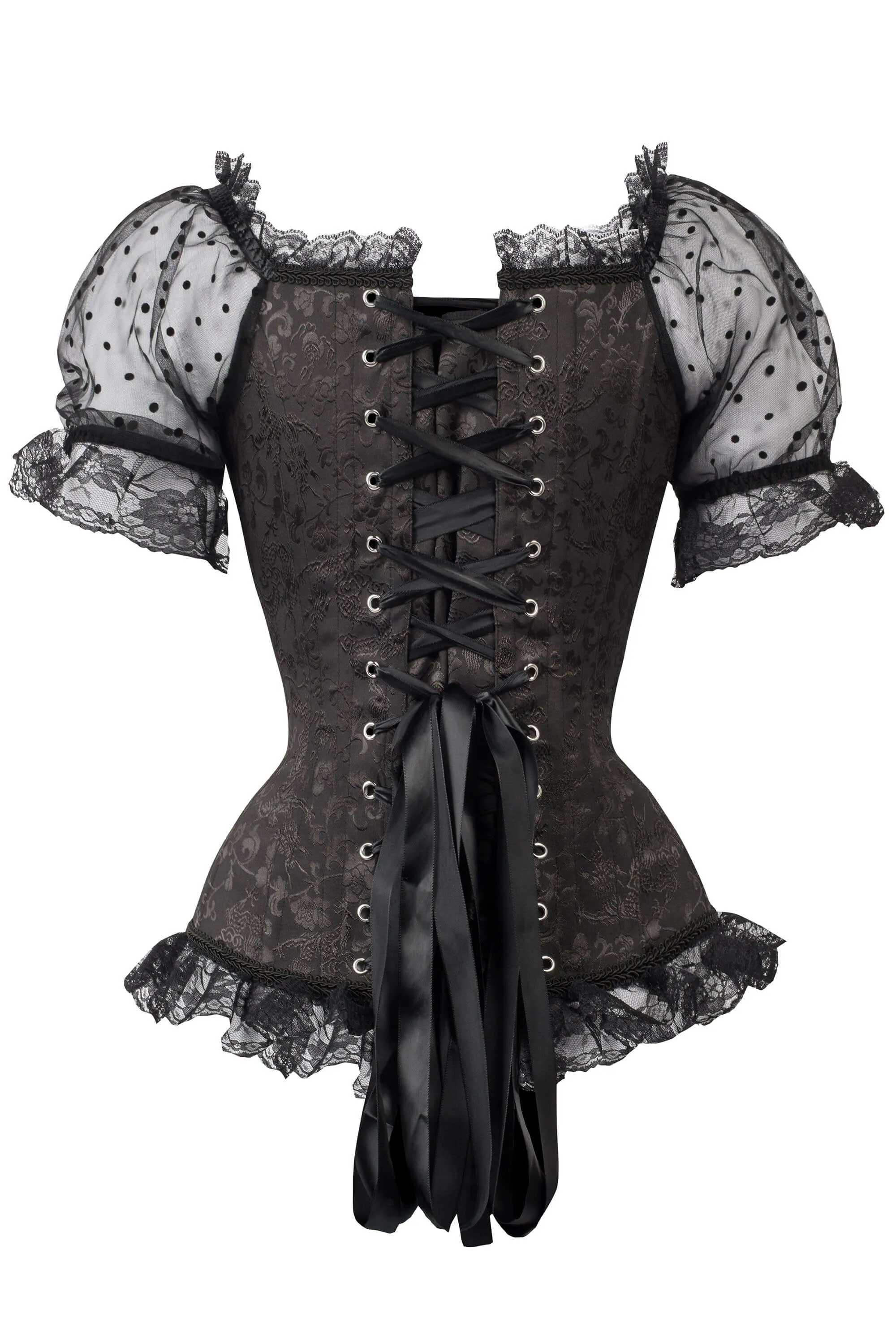 Black Brocade Overbust With Court Neck And Sleeves