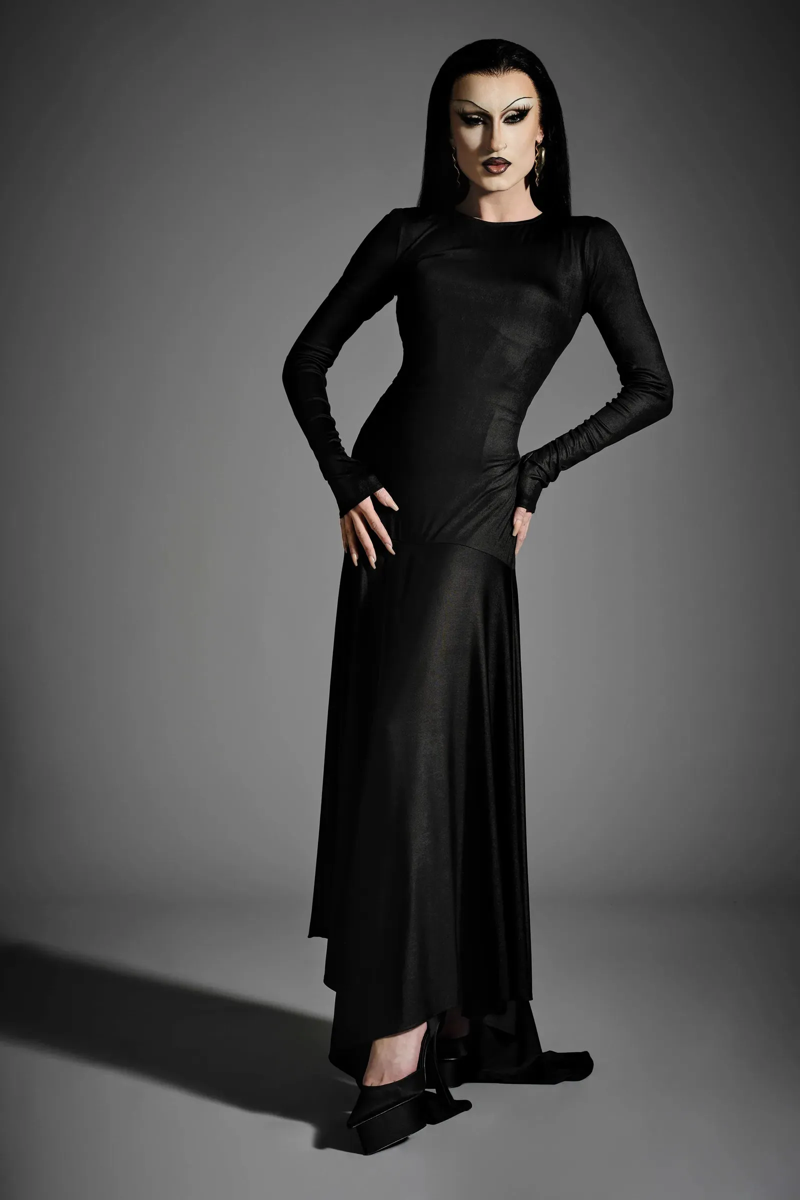 Black Long Sleeve Drop Waist Gown