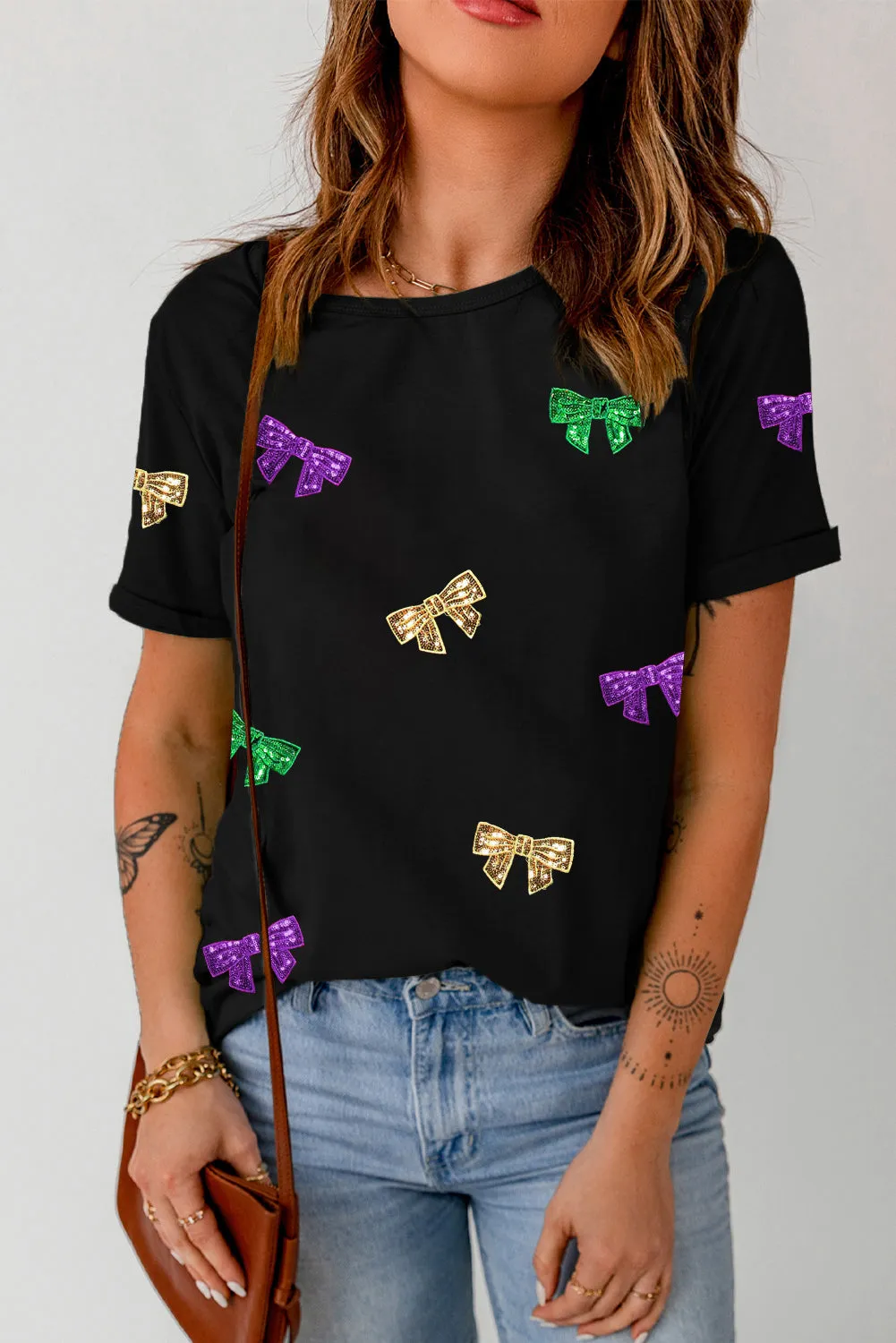 Black Mardi Gras Sequin Bow Knot Crew Neck T Shirt