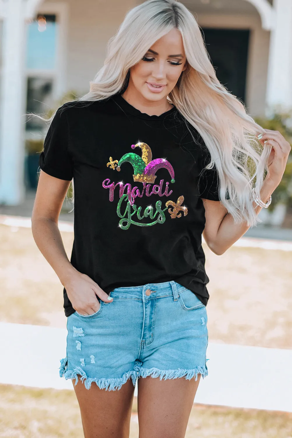 Black Mardi Gras Sequin Pattern Crew Neck T Shirt