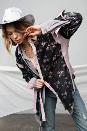 Black   Mauve Sequin Star Shirt Jacket