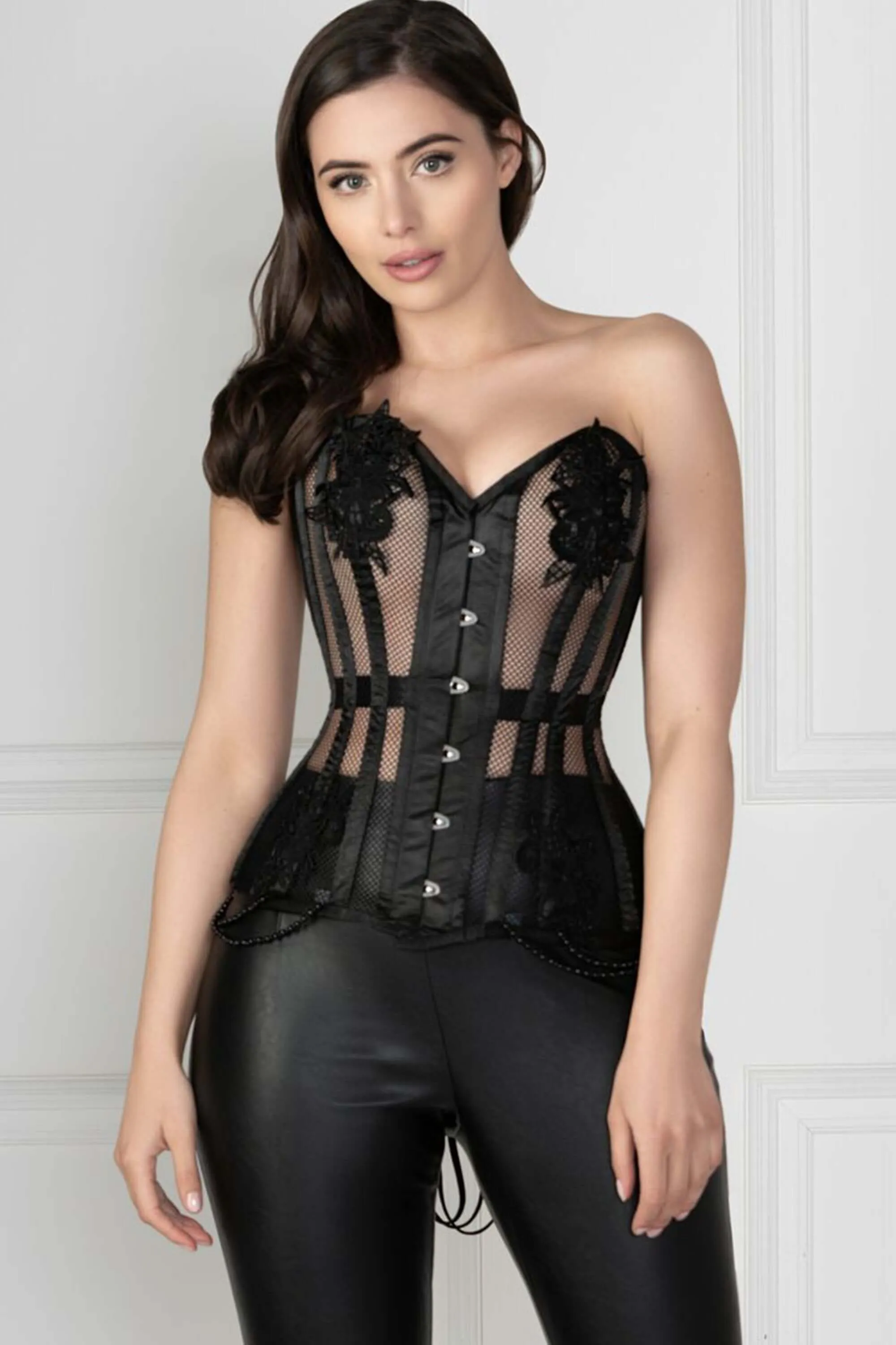 Black Mesh and Lace Appliqué Waist Taming Overbust Corset