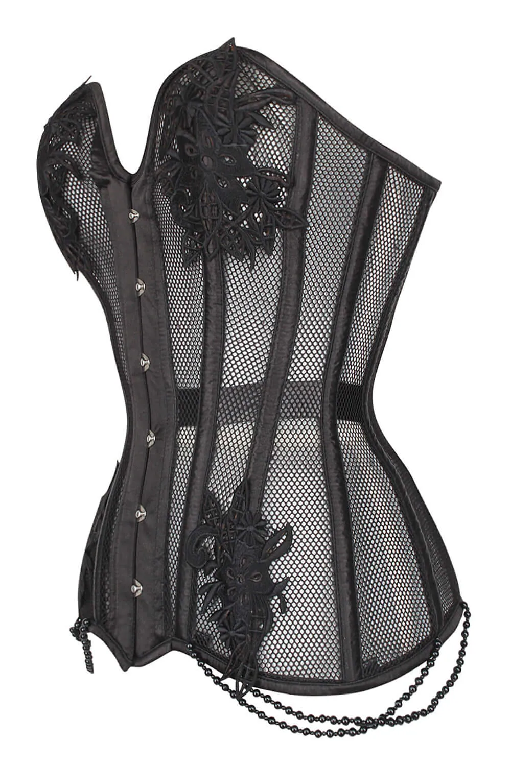 Black Mesh and Lace Appliqué Waist Taming Overbust Corset