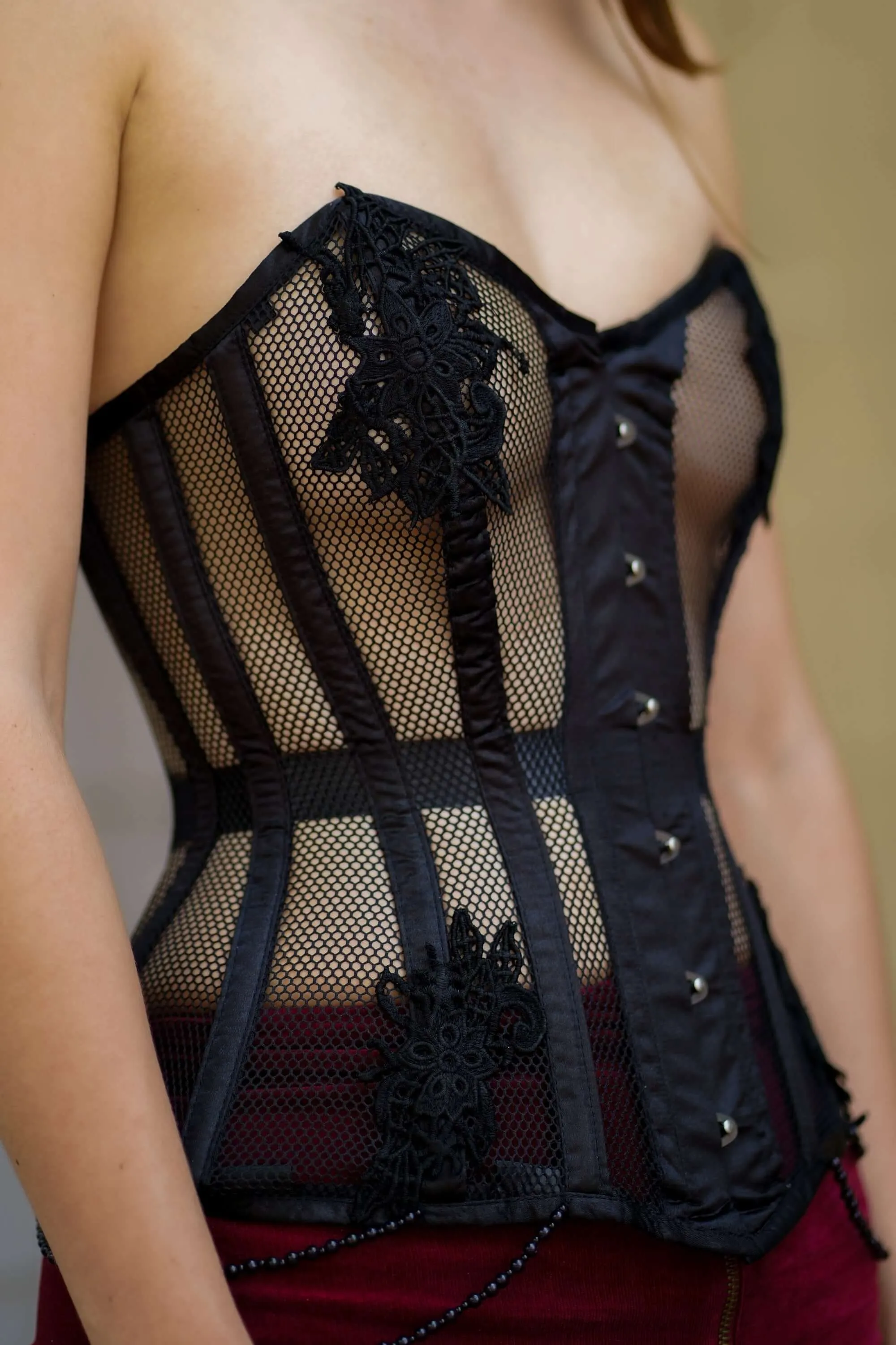 Black Mesh and Lace Appliqué Waist Taming Overbust Corset