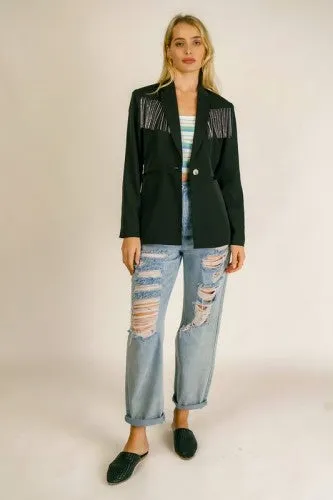 Black Rhinestone Fringe Blazer