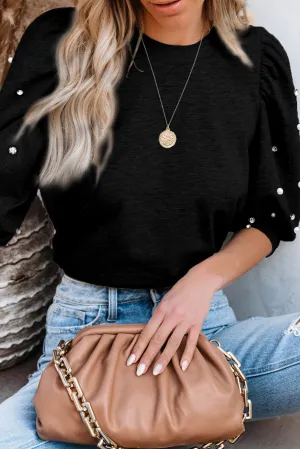 Black Rhinestone Pearl Puff Short Sleeve Top