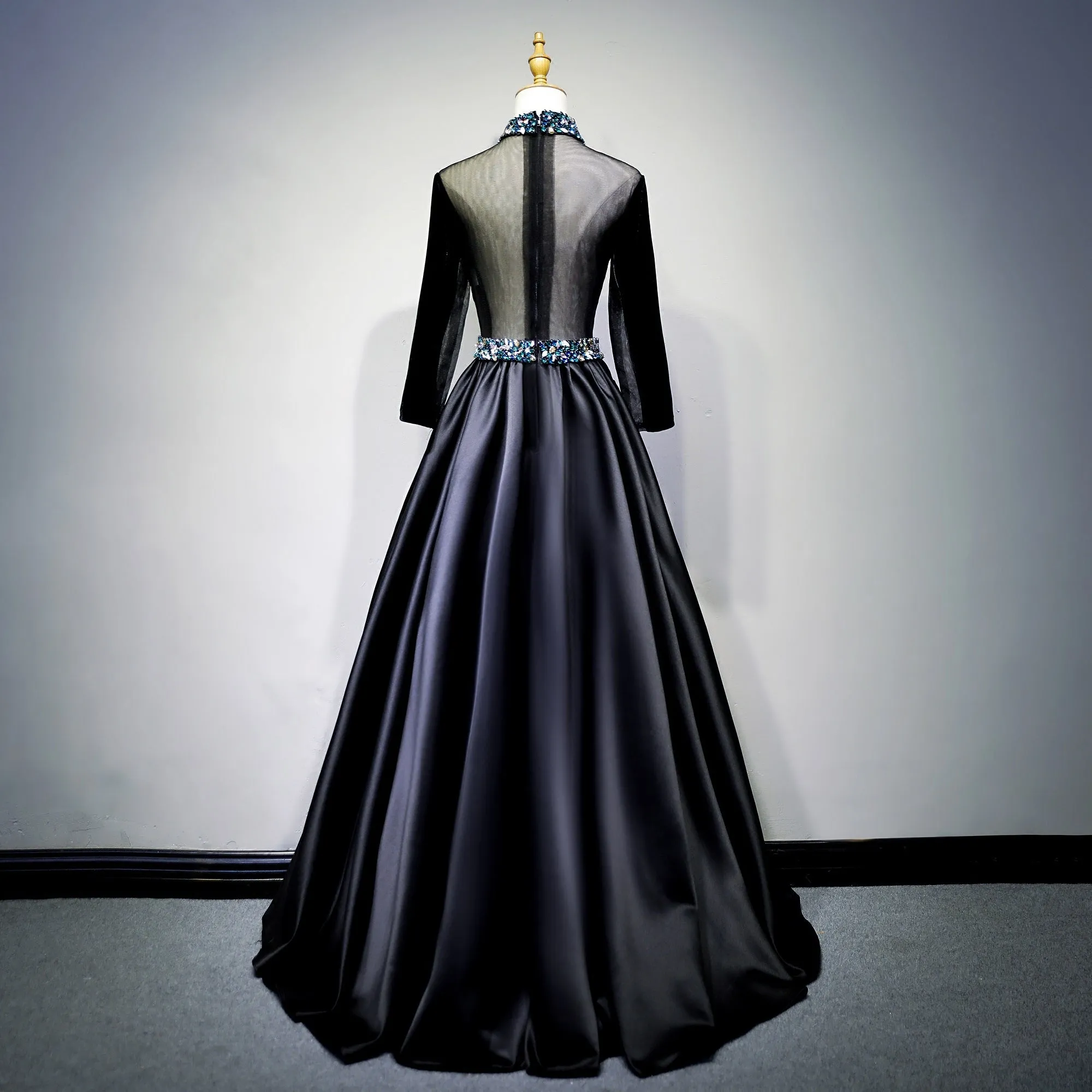 Black Satin and Velvet Long Sleeves Party Gown, Long Evening Dress