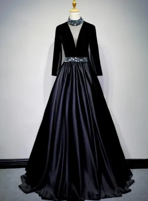 Black Satin and Velvet Long Sleeves Party Gown, Long Evening Dress