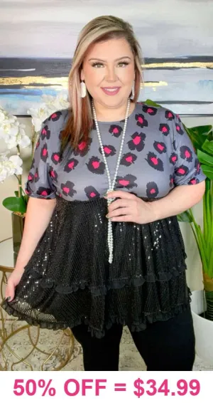 Black sequin baby doll top with grey & pink leopard