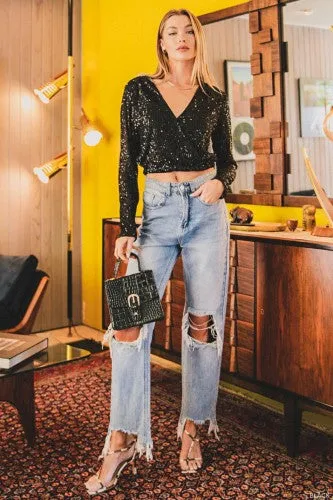 Black Sequin Crossover L/S Top