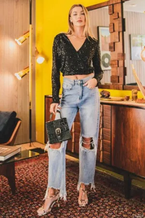 Black Sequin Crossover L/S Top