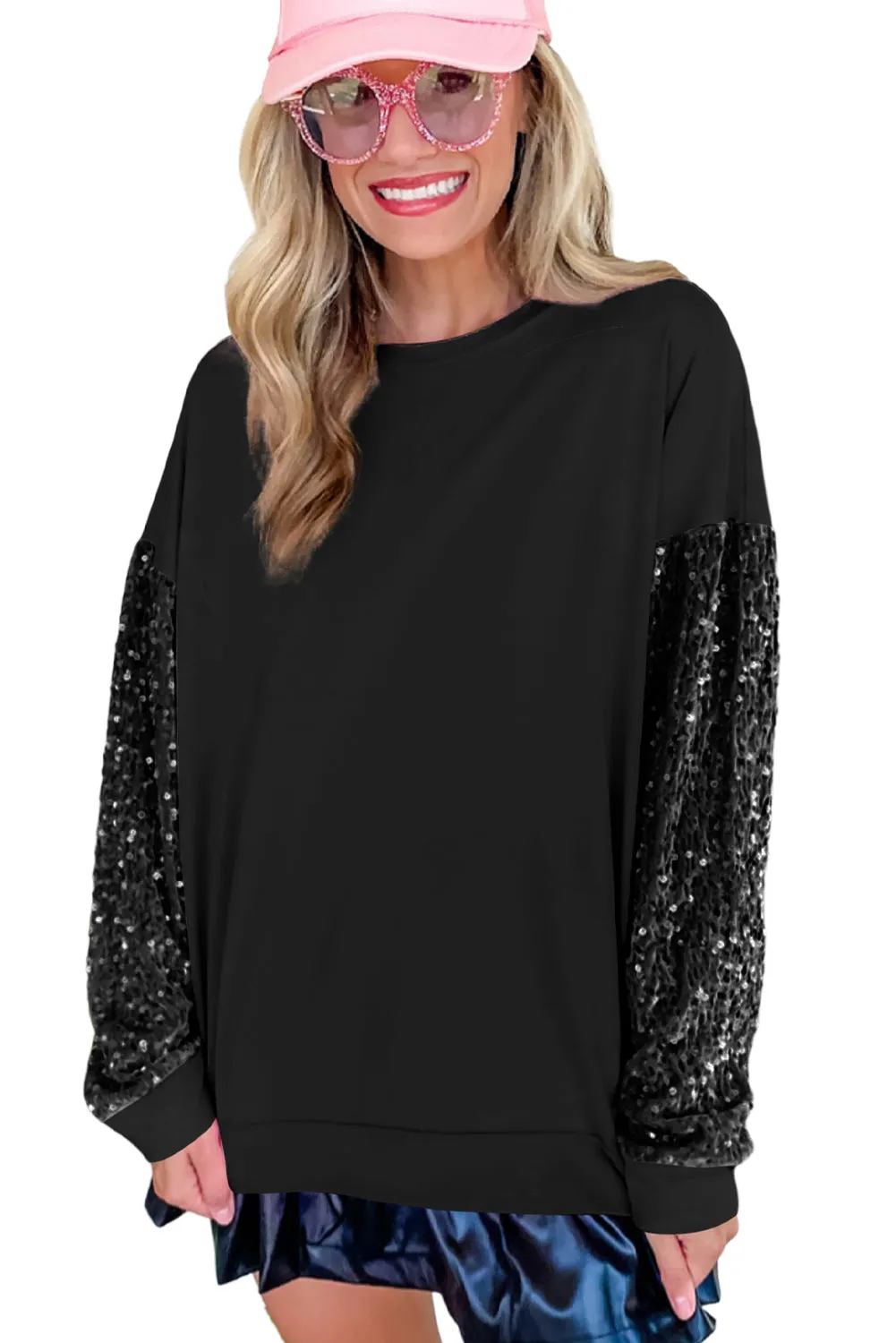 Black Sequin Patchwork Long Sleeve Pullover Top