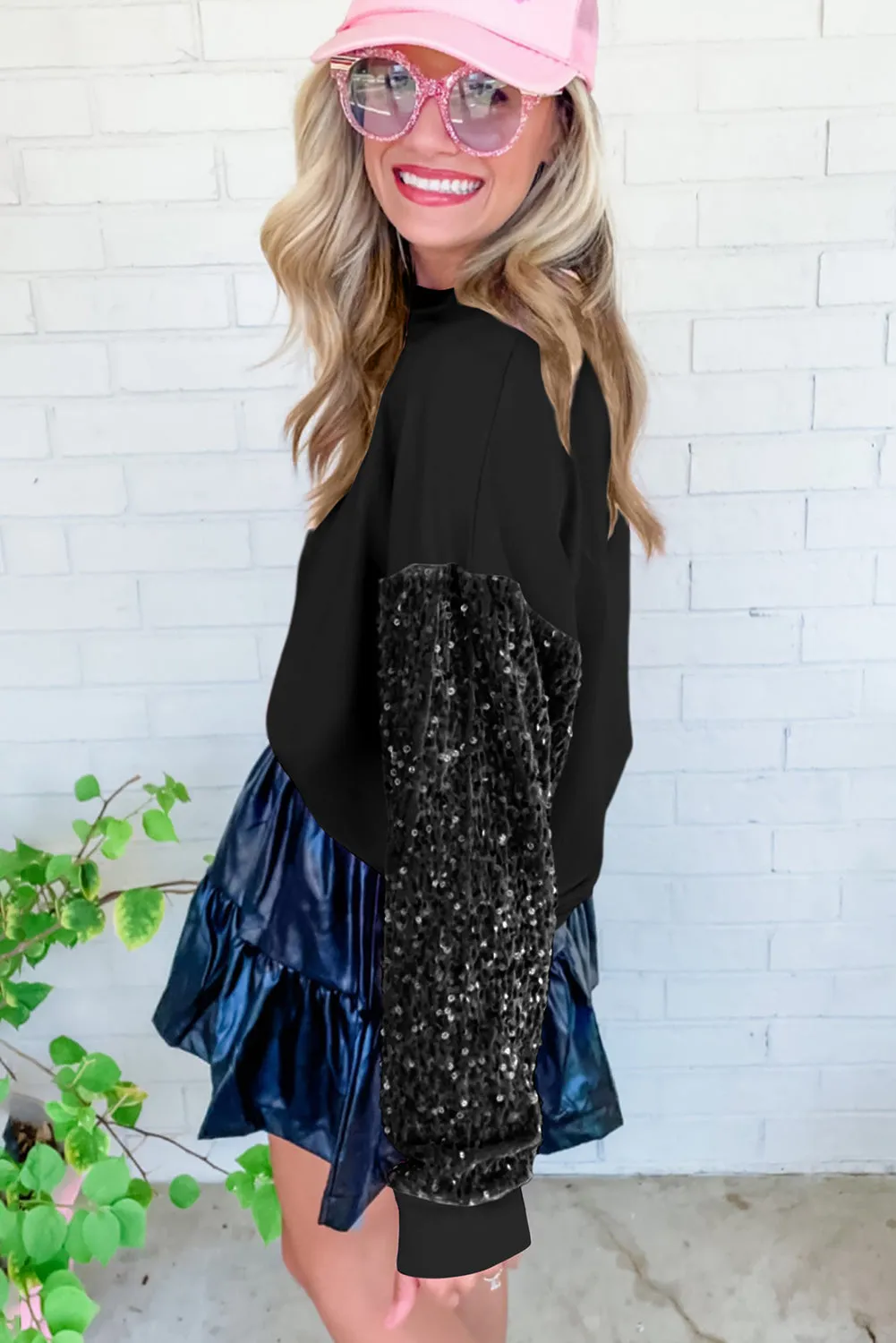 Black Sequin Patchwork Long Sleeve Pullover Top