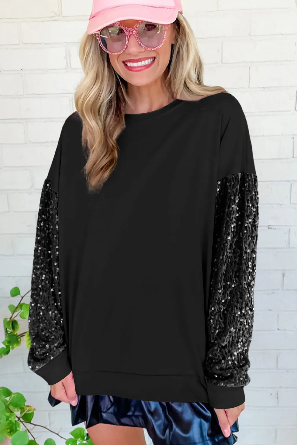 Black Sequin Patchwork Long Sleeve Pullover Top