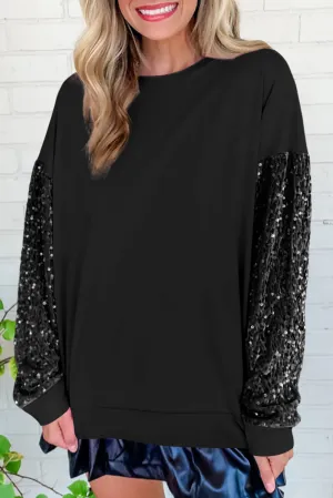 Black Sequin Patchwork Long Sleeve Pullover Top