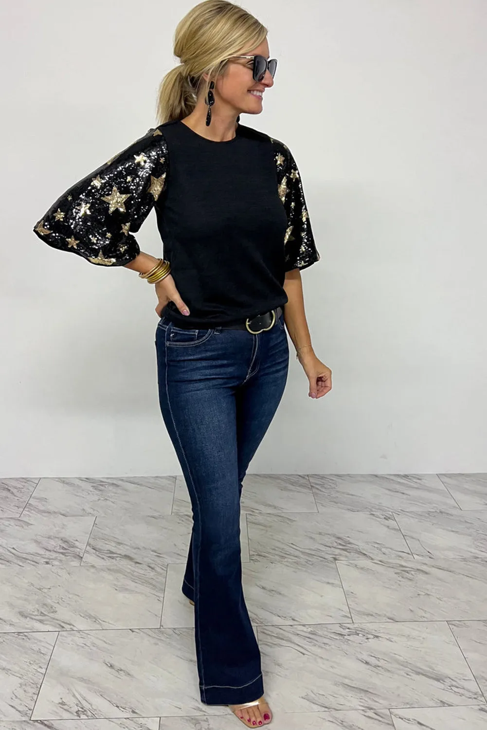 Black Star Sequin Patched Half Sleeve Blouse