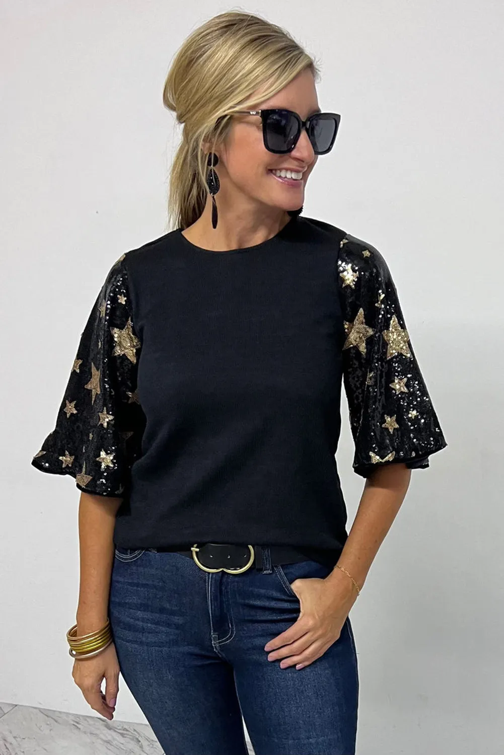 Black Star Sequin Patched Half Sleeve Blouse