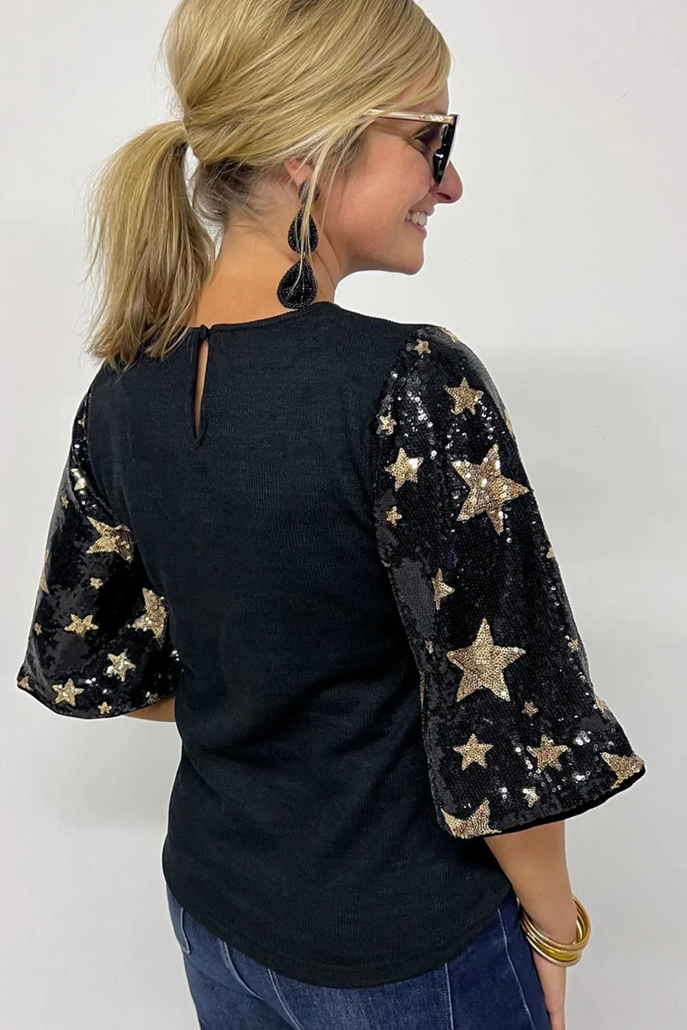Black Star Sequin Patched Half Sleeve Blouse