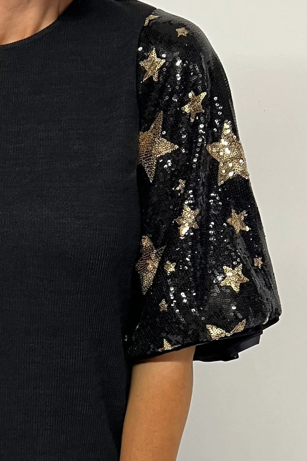 Black Star Sequin Patched Half Sleeve Blouse