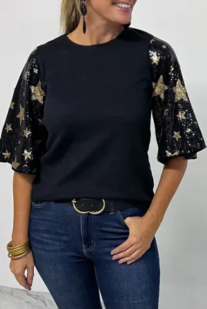 Black Star Sequin Patched Half Sleeve Blouse